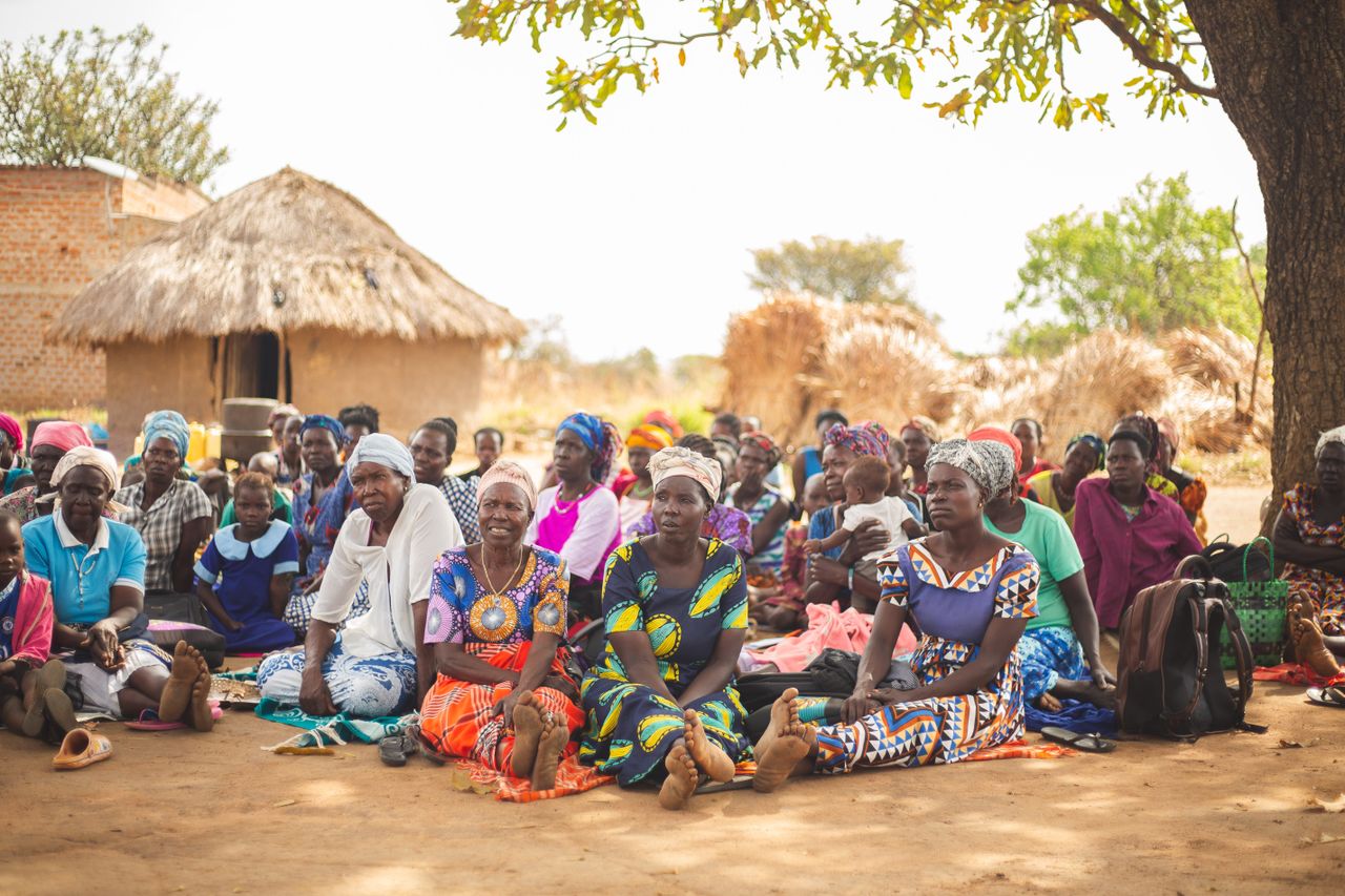 A diverse group gathered under a tree in an African village, showcasing vibrant cultural attire.